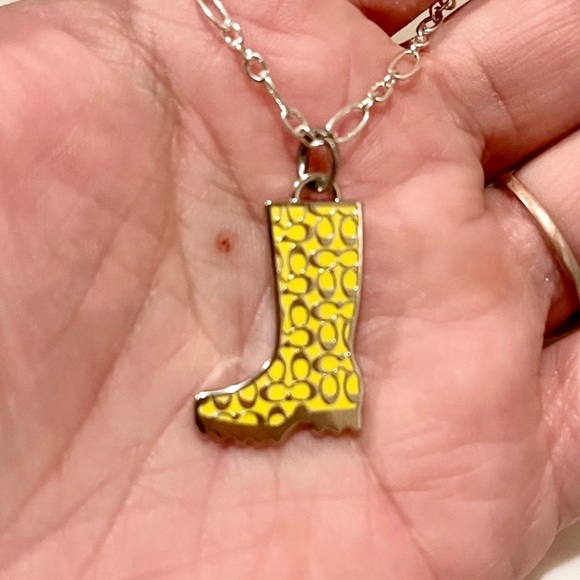 Coach Yellow Enamel Logo Rain Boot Pendant .925 Sterling Necklace - Picture 2 of 3